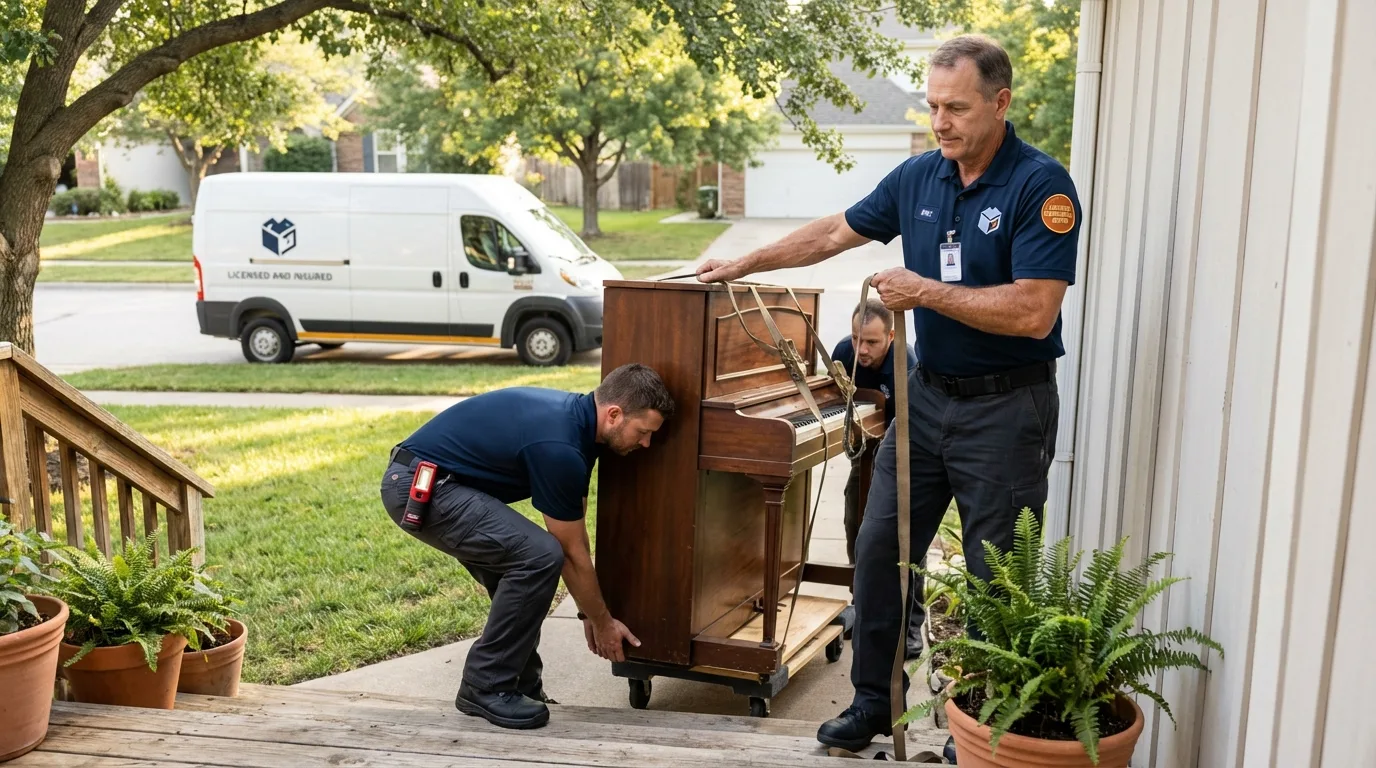 Licensed piano movers securing grand piano in Beulah, ND