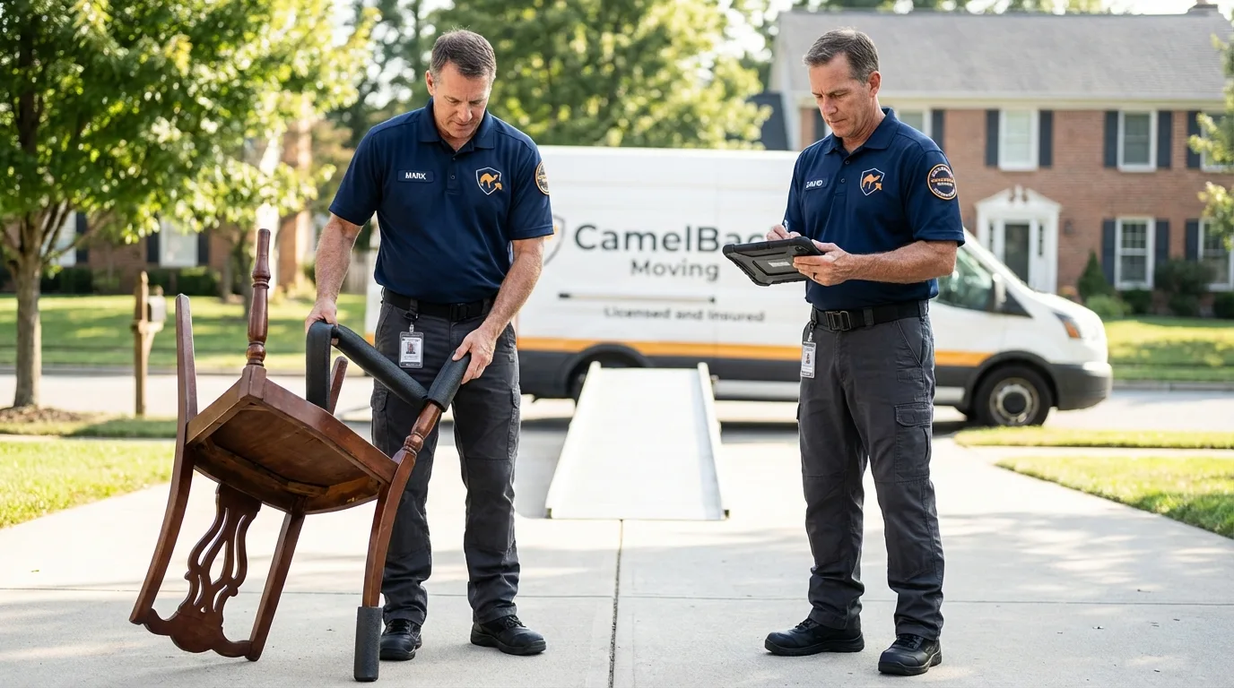 Movers inspecting furniture for damage prevention before loading in Beulah, ND